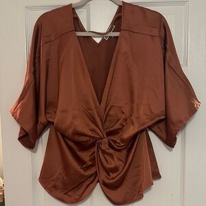 Pleione Satin Twist-Front Blouse in Rust Brown